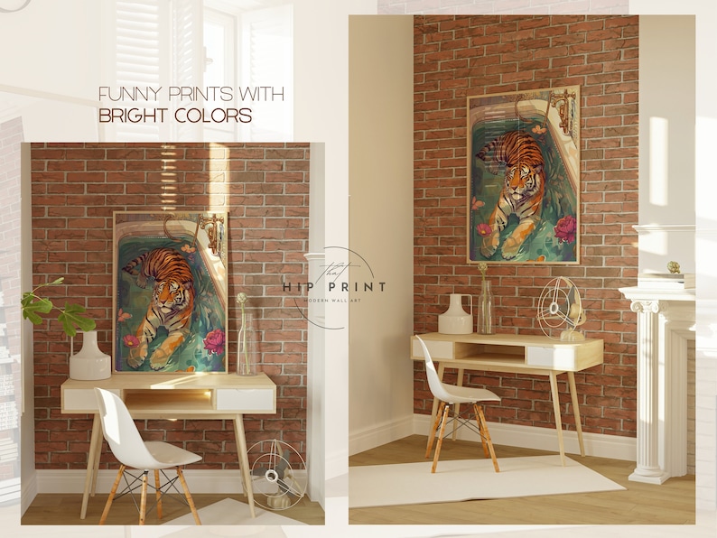 Peut inclure: Une impression encadr&eacute;e d'un tigre dans une baignoire avec des fleurs. L'impression est accroch&eacute;e &agrave; un mur en briques dans un bureau &agrave; domicile. Le texte "HIP PRINT MODERN WALL ART" est visible sur l'image.