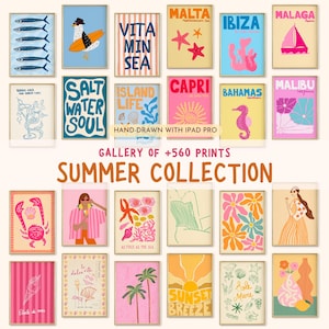 Preppy Summer Wall Art Bundle of 560, Digital Prints Set ,Beach House, Trendy Pink Aesthetic Decor, Retro Tropical Gallery, Coastal Vibes