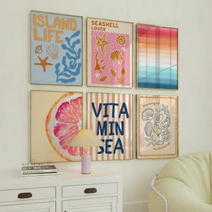 Set di 6 stampe murali tropicali, pacchetto di poster da spiaggia preppy, decorazione vitaminica Sea Island Life, galleria di stampe di conchiglie estive costiere. Download digitale