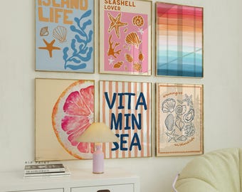 Tropical Wall Art Set of 6, Preppy Beach Poster Pack, Vitamin Sea Island Life Decor, Coastal Summer Seashell Print Gallery. Digital Download