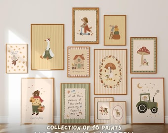 Woodland Animal Gallery Wall Set, 16 Vintage Nursery Prints, Cozy Farmhouse Kids Room Wall Decor