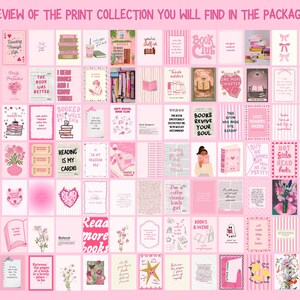 K&ouml;nnte beinhalten: Eine Sammlung rosa Kunstdrucke mit verschiedenen Zitaten und Illustrationen zum Thema B&uuml;cher. Die Drucke zeigen S&auml;tze wie "Reading is my cardio" und "More books por favor." Der Text "Preview of the print collection you will find in the package" steht oben.