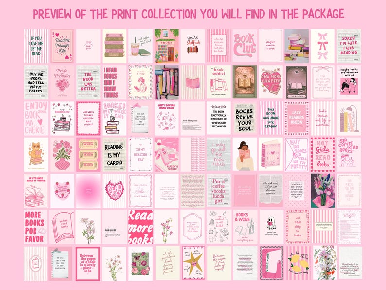 K&ouml;nnte beinhalten: Eine Sammlung rosa Kunstdrucke mit verschiedenen Zitaten und Illustrationen zum Thema B&uuml;cher. Die Drucke zeigen S&auml;tze wie "Reading is my cardio" und "More books por favor." Der Text "Preview of the print collection you will find in the package" steht oben.