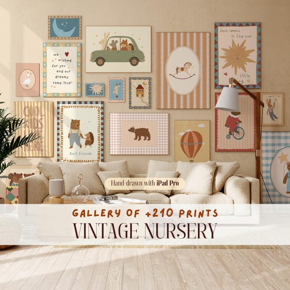 Vintage Nursery Bundle of +210 Prints, Hand-Drawn Animal, Neutral Baby Room Decor, Cottagecore Playroom Gallery, Cute Kids Wall Collection