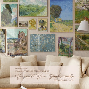 May include: A collection of framed art prints featuring the works of Vincent Van Gogh. The prints are arranged on a wall above a beige sofa. The text "Summer Vintage Collection of Vincent Van Gogh's works with over 200 prints" is displayed below the art.