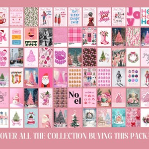 May include: A collection of 48 pink and white Christmas themed digital printable cards. The cards feature various designs including a Christmas tree, Santa Claus, a snowman, a wreath, and a nutcracker. The text on the cards includes "Eat Sleep Candy Cane", "Sleigh Girl Sleigh", "Joy Ho Ho Ho", "Sweet Sweet Sweet", "Go Go Go", "Jingle But Twisted", "No El", "Christmas Tree", "Merry Christmas Filthy Animal", "All I Want For Christmas Is My List", "Candy Cane Kiss", "Shaving Therapy", "Discover All The Collection Buying This Package!"
