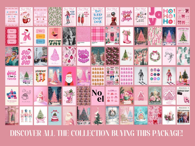 May include: A collection of 48 pink and white Christmas themed digital printable cards. The cards feature various designs including a Christmas tree, Santa Claus, a snowman, a wreath, and a nutcracker. The text on the cards includes "Eat Sleep Candy Cane", "Sleigh Girl Sleigh", "Joy Ho Ho Ho", "Sweet Sweet Sweet", "Go Go Go", "Jingle But Twisted", "No El", "Christmas Tree", "Merry Christmas Filthy Animal", "All I Want For Christmas Is My List", "Candy Cane Kiss", "Shaving Therapy", "Discover All The Collection Buying This Package!"