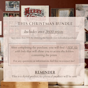 May include: A pink and white digital download announcement for a Christmas bundle of over 3600 printable images. The text reads "This Christmas Bundle Includes over 3600 prints. Save more than 95% by choosing the bundle over individual purchases. After completing the purchase, you will find 1 PDF file with links that will allow you to access the folders containing the prints. For any questions or information, feel free to contact me! Reminder: This is a digital product, no physical product will be sent."