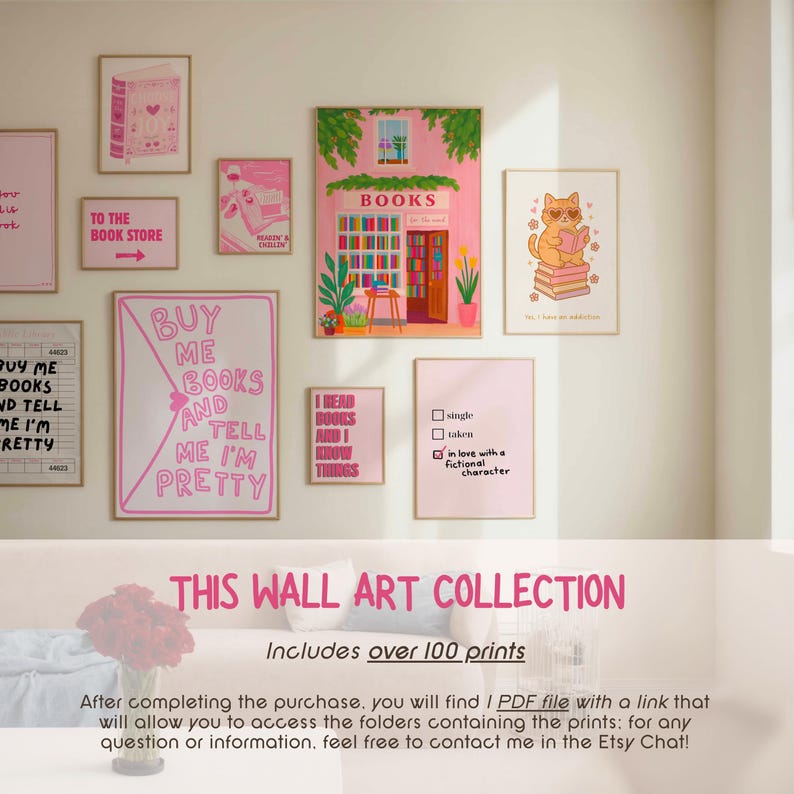 K&ouml;nnte beinhalten: Eine Sammlung von Wandkunstdrucken im Pink-Thema, darunter gerahmte Poster mit Buchzitaten und Illustrationen. Die Kollektion umfasst eine Vielzahl von Gr&ouml;&szlig;en und Stilen, ideal f&uuml;r die Dekoration einer Leseecke oder einer Hausbibliothek.