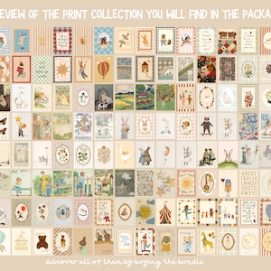 May include: A collection of vintage-style art prints featuring whimsical illustrations of animals, nature scenes, and children. The prints are in various sizes and framed with decorative borders. Text at the top reads "PREVIEW OF THE PRINT COLLECTION YOU WILL FIND IN THE PACKAGE".