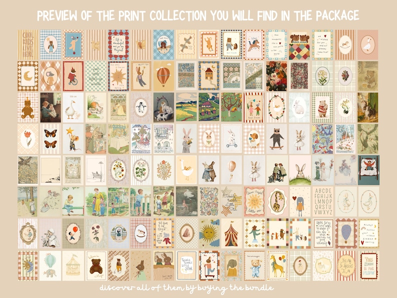 May include: A collection of vintage-style art prints featuring whimsical illustrations of animals, nature scenes, and children. The prints are in various sizes and framed with decorative borders. Text at the top reads "PREVIEW OF THE PRINT COLLECTION YOU WILL FIND IN THE PACKAGE".