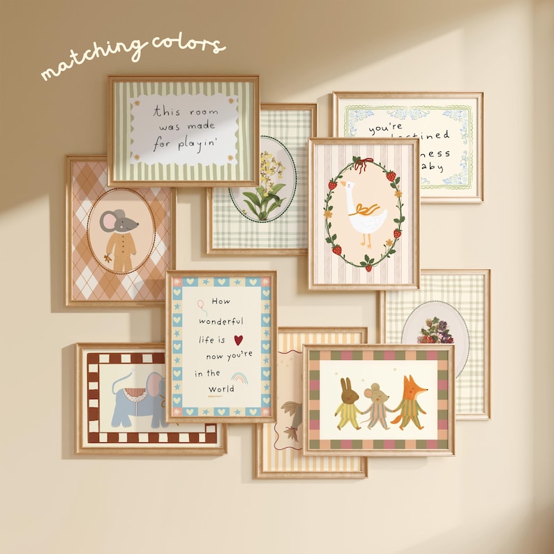 May include: A collection of framed art prints with whimsical illustrations and quotes. The prints feature a variety of designs, including animals, floral patterns, and inspirational text. The color palette includes soft pastels and earth tones, creating a cohesive and charming aesthetic.