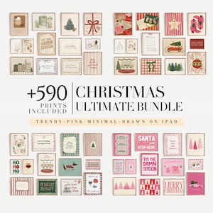 Può includere: Una collezione di stampe natalizie incorniciate in varie dimensioni e design. Le stampe presentano illustrazioni e testi festivi, tra cui "Merry Christmas" e "Tis the Damn Season". La tavolozza dei colori include rosa, rosso e verde.