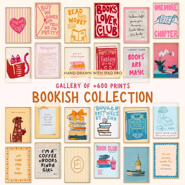 Book Lover Wall Art Print Set, Hand-Drawn, Bookish Decor (Digital Download)