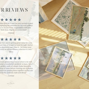 May include: A collection of framed art prints, including a landscape with a blue sky and green fields, a floral print, and a painting of a river scene. The frames are all gold and the prints are all in a light, airy style. The text "OUR REVIEWS" is at the top of the image, followed by three customer reviews.