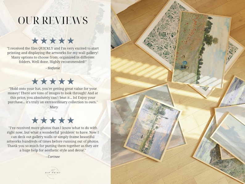 May include: A collection of framed art prints, including a landscape with a blue sky and green fields, a floral print, and a painting of a river scene. The frames are all gold and the prints are all in a light, airy style. The text "OUR REVIEWS" is at the top of the image, followed by three customer reviews.