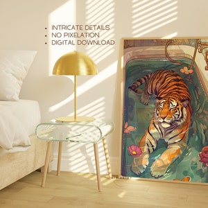 Peut inclure: Une illustration num&eacute;rique d'un tigre se relaxant dans une baignoire remplie d'eau. Le tigre est orange et noir avec des rayures blanches. La baignoire est entour&eacute;e de carreaux verts et bleus. Des fleurs roses et des papillons flottent dans l'eau.