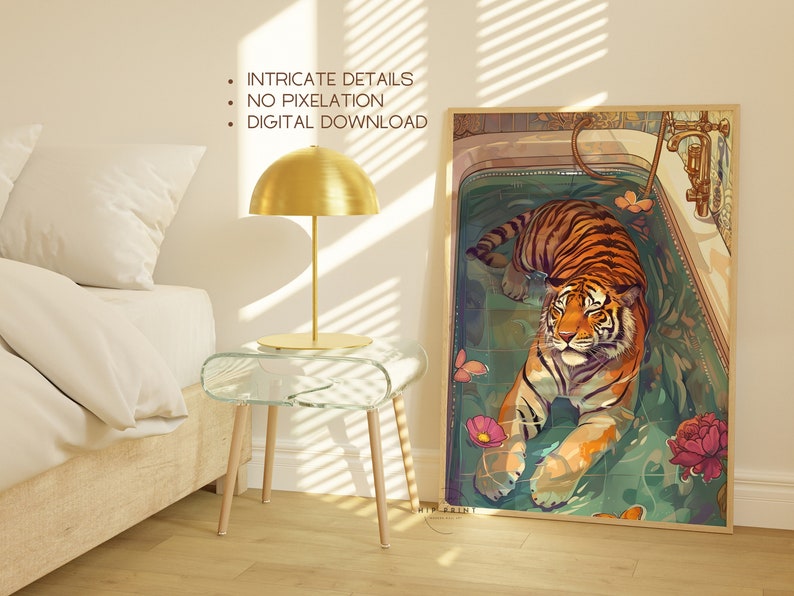 Peut inclure: Une illustration num&eacute;rique d'un tigre se relaxant dans une baignoire remplie d'eau. Le tigre est orange et noir avec des rayures blanches. La baignoire est entour&eacute;e de carreaux verts et bleus. Des fleurs roses et des papillons flottent dans l'eau.