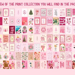 May include: A collection of pink and white Christmas-themed prints. The prints feature various illustrations and text, including Christmas trees, ornaments, and festive phrases. The text "PREVIEW OF THE PRINT COLLECTION YOU WILL FIND IN THE PACKAGE" is at the top.