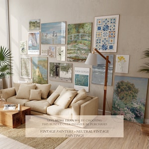 May include: A living room interior with a beige sectional sofa and a wooden coffee table. The wall is decorated with a gallery wall of vintage paintings in neutral colours. The text on the wall reads "SAVE MORE THAN 90% BY CHOOSING THIS BUNDLE OVER INDIVIDUAL PURCHASES VINTAGE PAINTERS - NEUTRAL VINTAGE PAINTINGS".