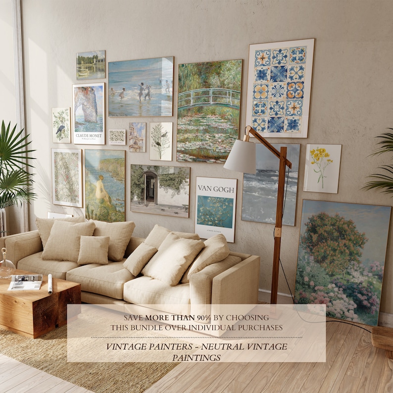 May include: A living room interior with a beige sectional sofa and a wooden coffee table. The wall is decorated with a gallery wall of vintage paintings in neutral colours. The text on the wall reads "SAVE MORE THAN 90% BY CHOOSING THIS BUNDLE OVER INDIVIDUAL PURCHASES VINTAGE PAINTERS - NEUTRAL VINTAGE PAINTINGS".
