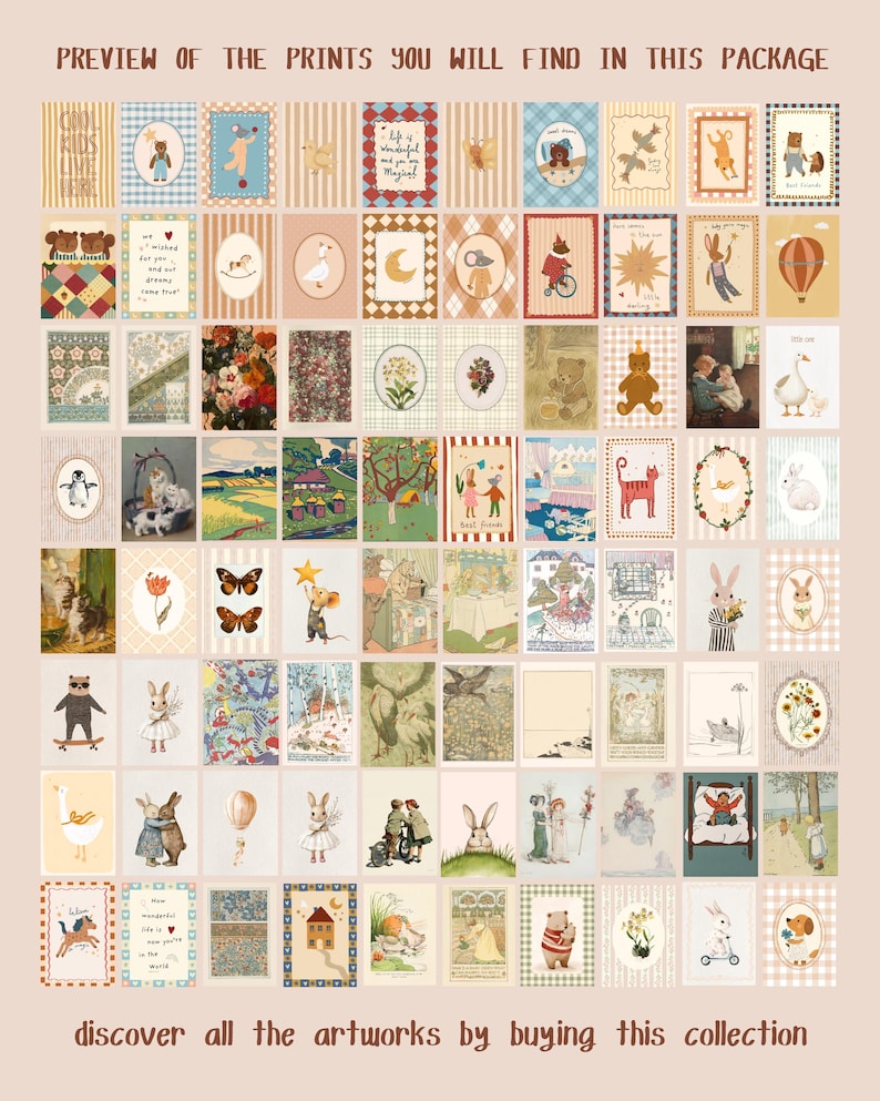 Puede incluir: Una colecci&oacute;n de grabados art&iacute;sticos de estilo vintage con diversas ilustraciones, incluyendo animales, flores y escenas caprichosas. Los grabados presentan colores suaves y una est&eacute;tica nost&aacute;lgica. El texto en la parte superior dice "PREVIEW OF THE PRINTS YOU WILL FIND IN THIS PACKAGE". El texto en la parte inferior dice "discover all the artworks by buying this collection".