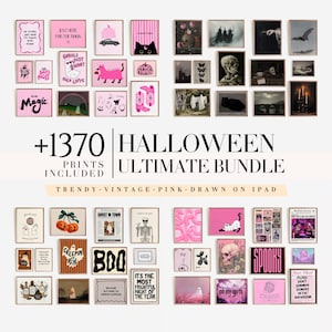 May include: A selection of framed art prints with a Halloween theme. The prints showcase various spooky and whimsical designs in pink, black, and white, including ghosts, cats, and text. The text includes "Magic", "Boo", and "Spooky".