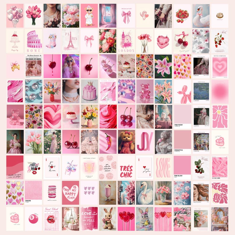 May include: A collage of pink and white images with various themes, including hearts, flowers, cherries, swans, and the words "This is my happy place".