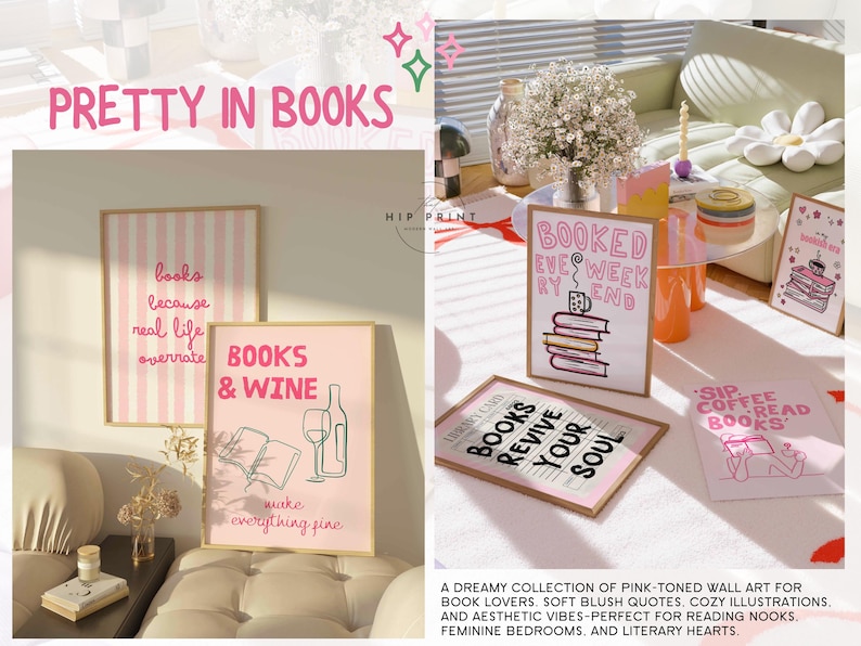 K&ouml;nnte beinhalten: Rosafarbene Wandkunst mit Buch-Zitaten und Illustrationen. Die Sammlung umfasst gerahmte Drucke mit S&auml;tzen wie "Books & Wine" und "Booked Every Weekend". Die &Auml;sthetik ist gem&uuml;tlich und feminin, perfekt f&uuml;r eine Leseecke.