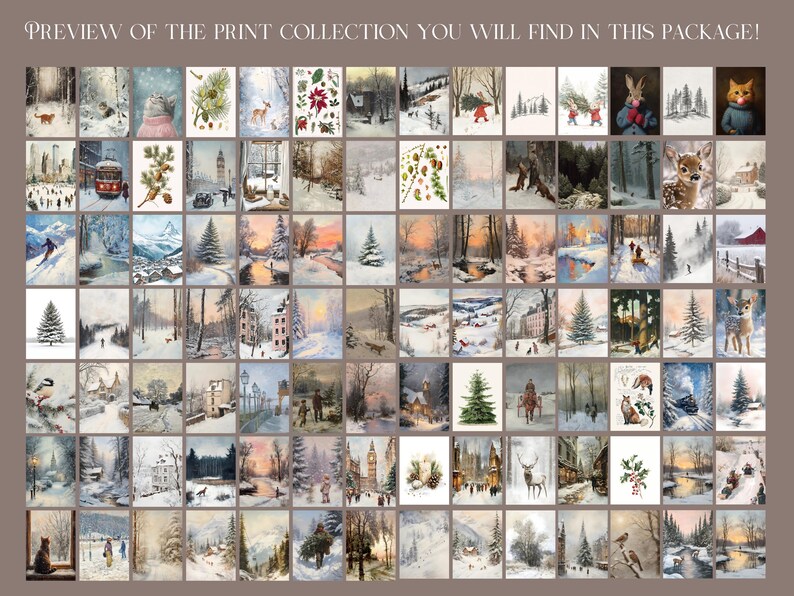 May include: A collection of 64 winter-themed illustrations featuring snowy landscapes, forests, animals, and people. The illustrations are in a variety of styles, from realistic to whimsical.