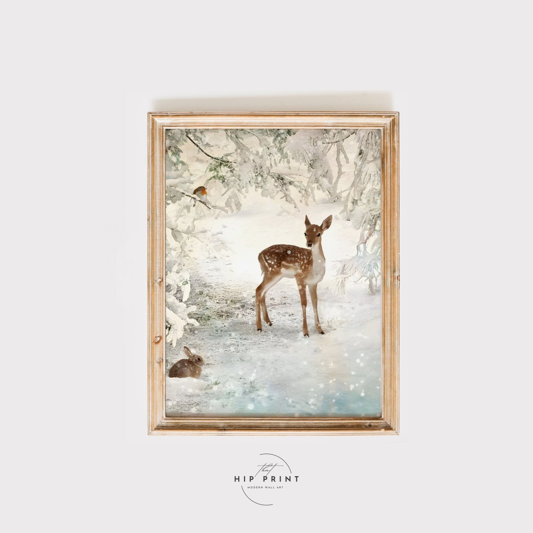 Vintage Winter Landscape Painting | Deer & Rabbit Print (digital ...