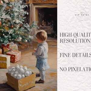May include: A painting of a young child standing in front of a Christmas tree with presents underneath. The child is wearing a blue shirt and pants. The tree is decorated with ornaments and lights. The painting is set in a room with a fireplace in the background.