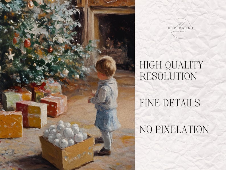 May include: A painting of a young child standing in front of a Christmas tree with presents underneath. The child is wearing a blue shirt and pants. The tree is decorated with ornaments and lights. The painting is set in a room with a fireplace in the background.