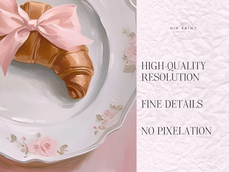 May include: A croissant tied with a pink ribbon on a white plate with a floral design.