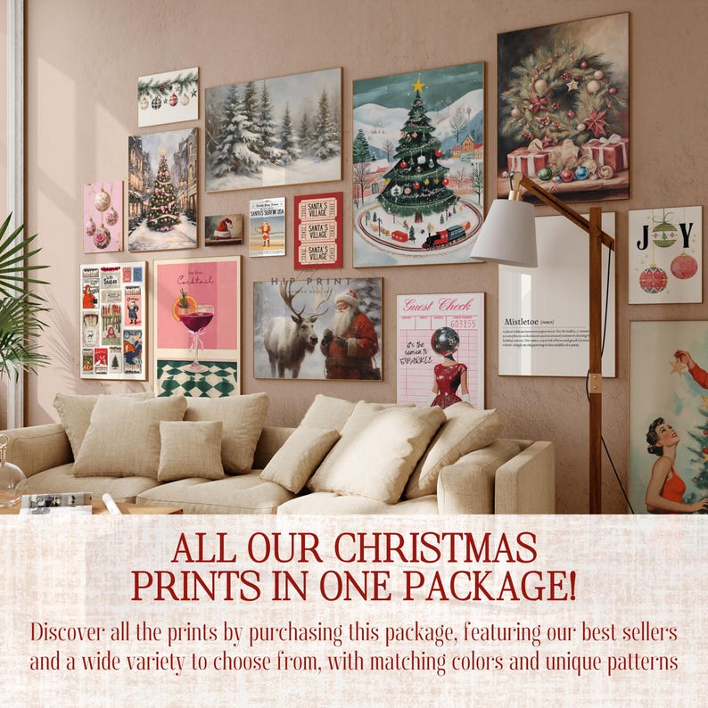 May include: A collection of Christmas-themed prints featuring a variety of designs, including a vintage Christmas tree, a reindeer and Santa Claus, and a Christmas village scene. The prints are arranged on a wall in a living room setting.