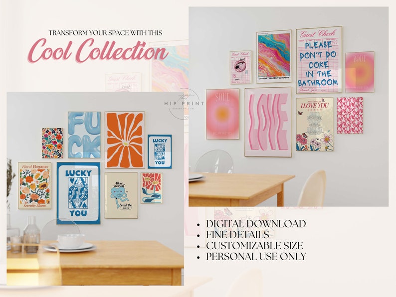 K&ouml;nnte beinhalten: Eine Sammlung von 10 digitalen Drucken mit verschiedenen Designs, darunter eine Blume, ein Herz und ein Gl&uuml;cksbringer. Die Drucke sind in verschiedenen Farben gehalten, darunter Pink, Blau und Orange. Die Drucke sind an einer wei&szlig;en Wand &uuml;ber einem Holztisch angebracht. Der Text "Cool Collection" ist oben im Bild zu sehen. Der Text "DIGITALER DOWNLOAD, FEINE DETAILS, ANPASSBARE GR&Ouml;SSE, NUR F&Uuml;R DEN PERS&Ouml;NLICHEN GEBRAUCH" ist unten im Bild zu sehen.