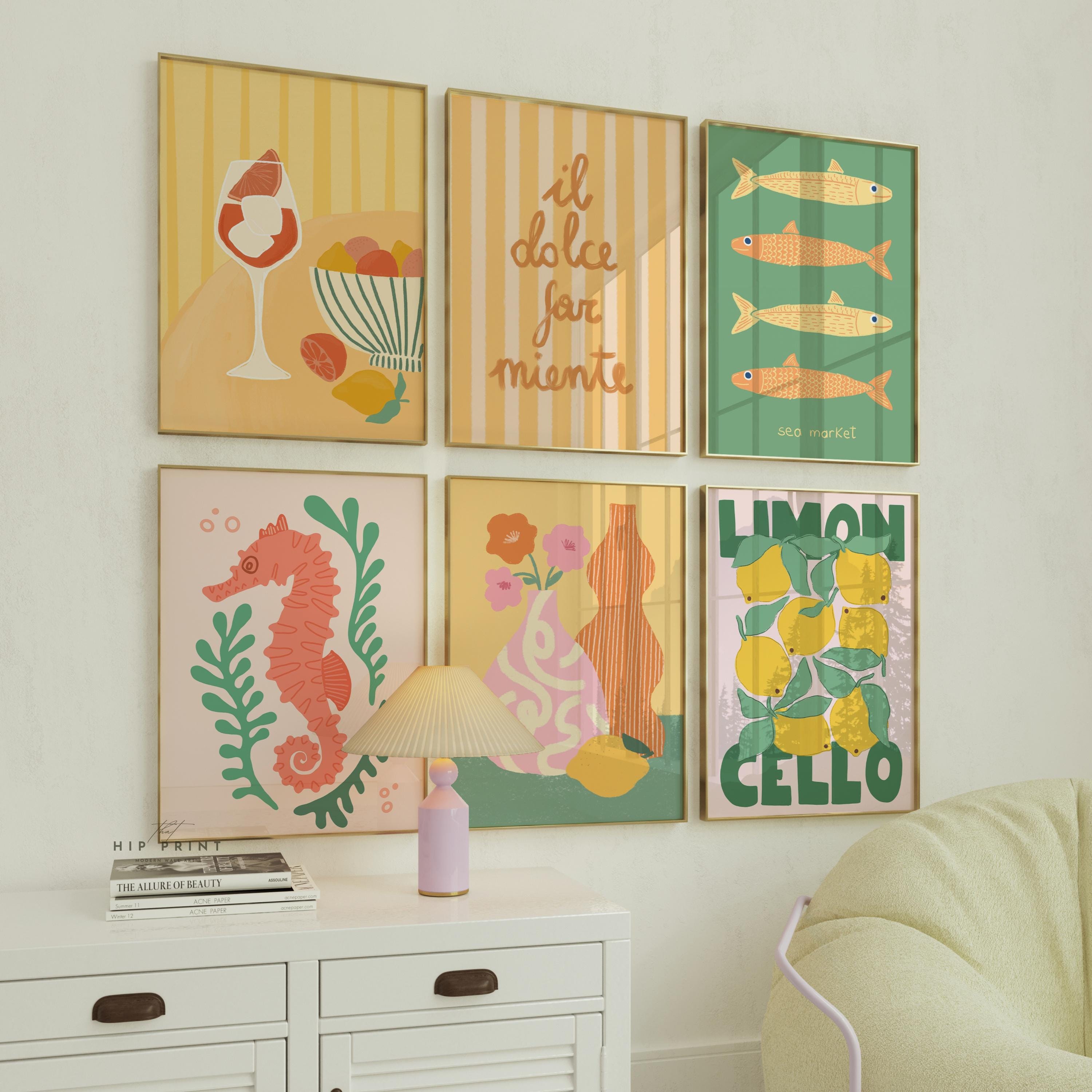 マキシマリストサマーウォールアート6枚セットプリント、プレッピー