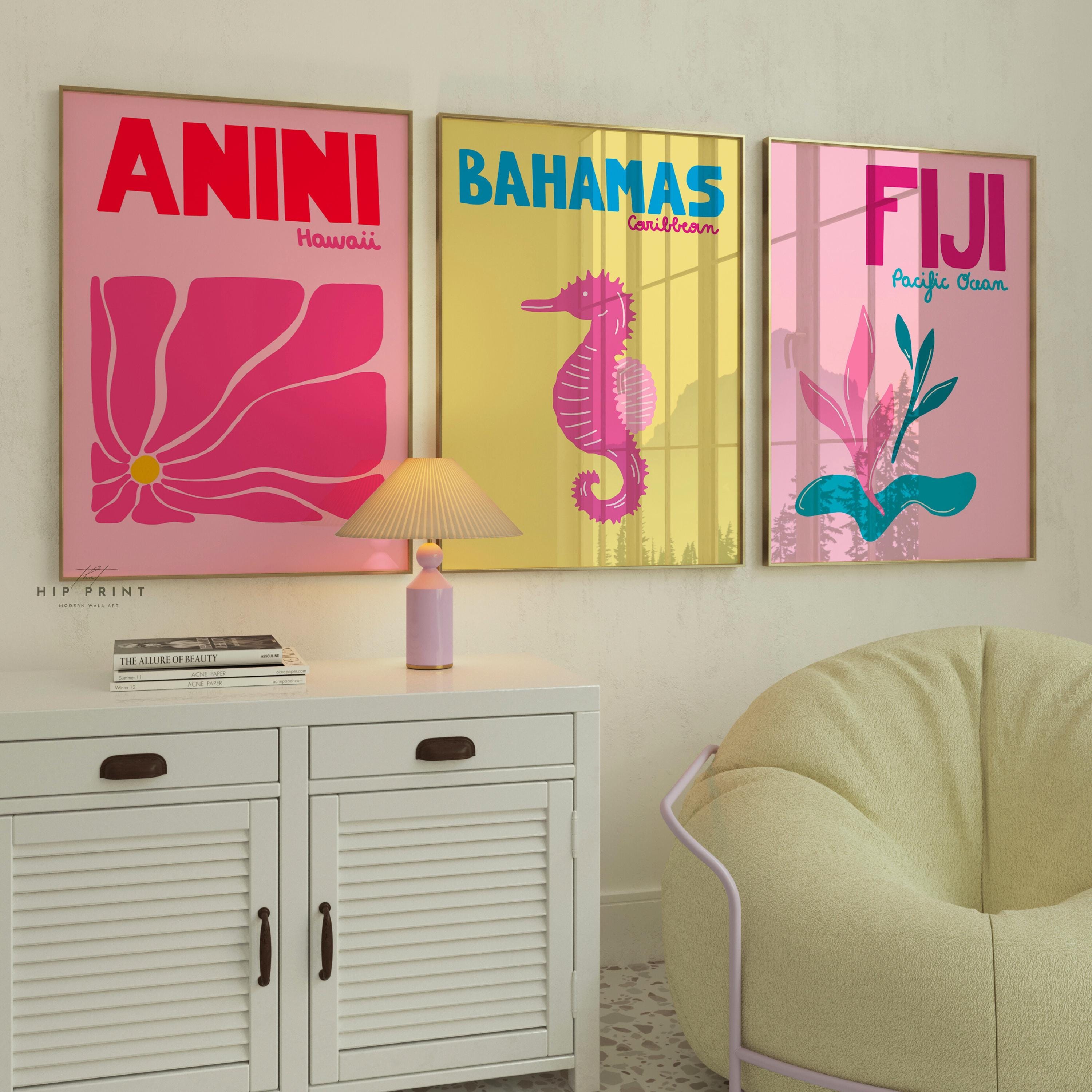 Preppy Tropical Poster Set of 3, Pink and Yellow Summer Wall Art, Vibrant Beach Decor Download, Trendy Coastal Prints for Vacation Vibes