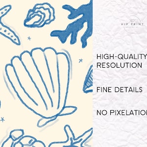 May include: A digital illustration of blue seashells, starfish, and seaweed on a cream background. The text "HIGH-QUALITY RESOLUTION", "FINE DETAILS", and "NO PIXELATION" is visible on the right side of the image.