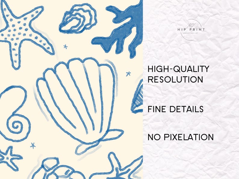 May include: A digital illustration of blue seashells, starfish, and seaweed on a cream background. The text "HIGH-QUALITY RESOLUTION", "FINE DETAILS", and "NO PIXELATION" is visible on the right side of the image.