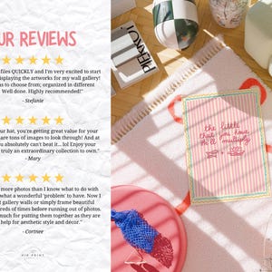 May include: A pink and white striped card with the text "the little that you have He'll multiply" sits on a pink rug. The card is surrounded by other decorative items, including a blue and red woven object.