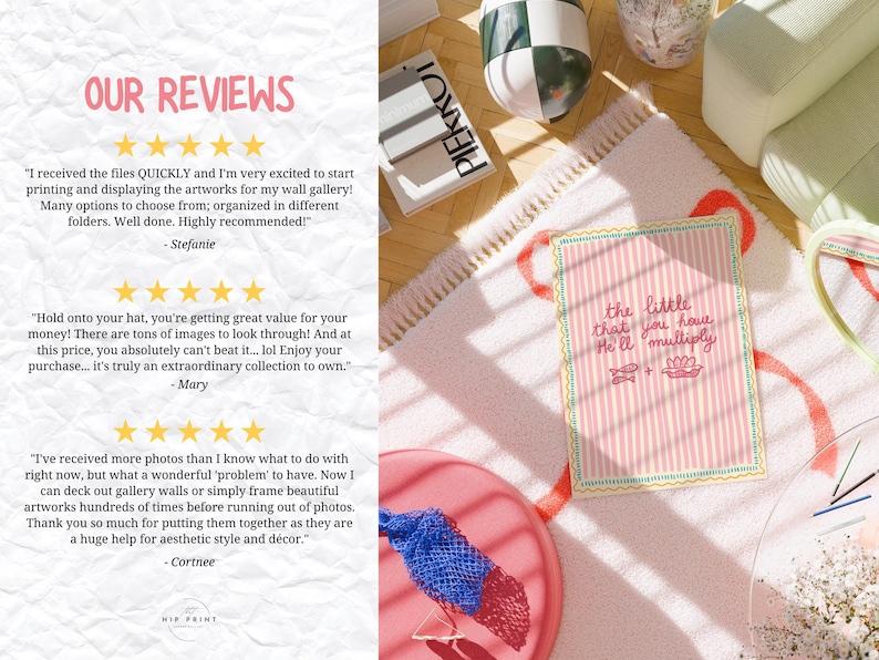May include: A pink and white striped card with the text "the little that you have He'll multiply" sits on a pink rug. The card is surrounded by other decorative items, including a blue and red woven object.