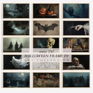 May include: A collection of 12 framed Halloween-themed paintings. The paintings feature various spooky and whimsical imagery, including a ghost, a bat, a skull, a witch, and a haunted house. The frames are all gold and have a classic look.