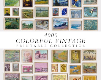 May include: A collection of 20 framed vintage art prints, featuring a variety of styles and subjects, including landscapes, portraits, and still lifes. The prints are arranged in a grid pattern on a white wall. The text "4000 COLORFUL VINTAGE PRINTABLE COLLECTION" is displayed below the grid of prints.