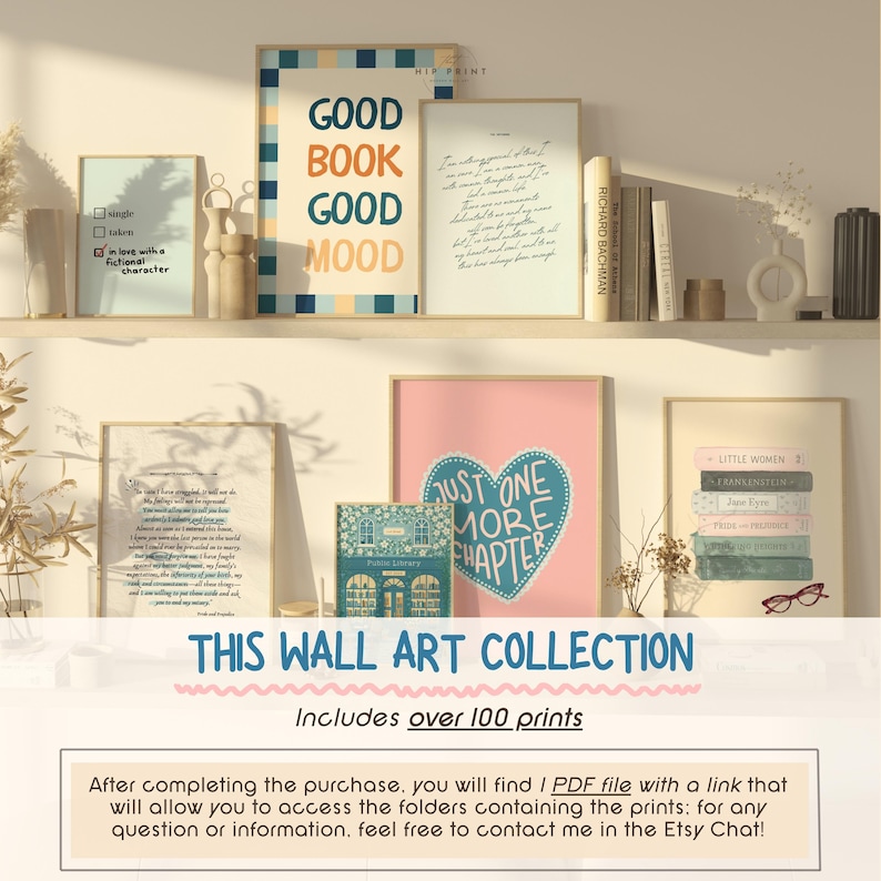 May include: A collection of framed wall art with literary themes. The art includes quotes, book titles, and phrases like "Good Book Good Mood" and "Just One More Chapter." The collection is displayed on a shelf with decorative items.