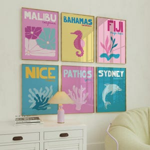 Set von 6 Küsten Wand Kunst Druck Koralle, Blumen, ästhetischer Raum in lebendigen Sommerfarben, Strand Haus Dekor, digitaler Download