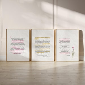 Puede incluir: Tres impresiones enmarcadas con citas inspiradoras en caligrafía elegante. Las citas son de Jane Austen, El retrato de Dorian Gray y Edith Wharton. Las impresiones están sobre un fondo blanco con una textura sutil.