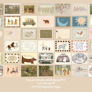 May include: A collection of whimsical illustrations featuring animals, scenes, and text. The artwork includes a variety of animals, such as rabbits, bears, and swans, set against pastel backgrounds. The text includes phrases like "Little Dreamers" and "You're destined for greatness baby."