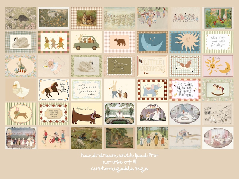 May include: A collection of whimsical illustrations featuring animals, scenes, and text. The artwork includes a variety of animals, such as rabbits, bears, and swans, set against pastel backgrounds. The text includes phrases like "Little Dreamers" and "You're destined for greatness baby."