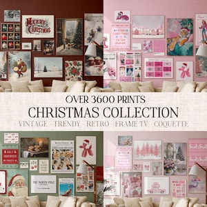 May include: A collage of Christmas-themed prints in a variety of styles, including vintage, trendy, and retro. The prints are arranged on two walls, one painted a deep red and the other a soft pink. The prints feature a variety of subjects, including Santa Claus, reindeer, snowmen, and Christmas trees. The text "OVER 3600 PRINTS CHRISTMAS COLLECTION VINTAGE - TRENDY - RETRO - FRAME TV - COQUETTE" is displayed in the center of the image.
